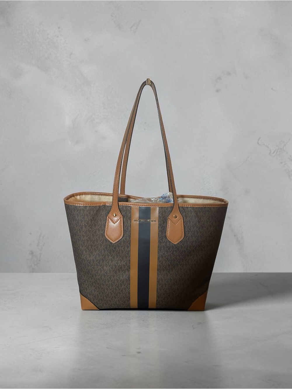 Michael Kors Eva Large Signature Logo Stripe Tote Bag Brown Acorn Travel Carryal